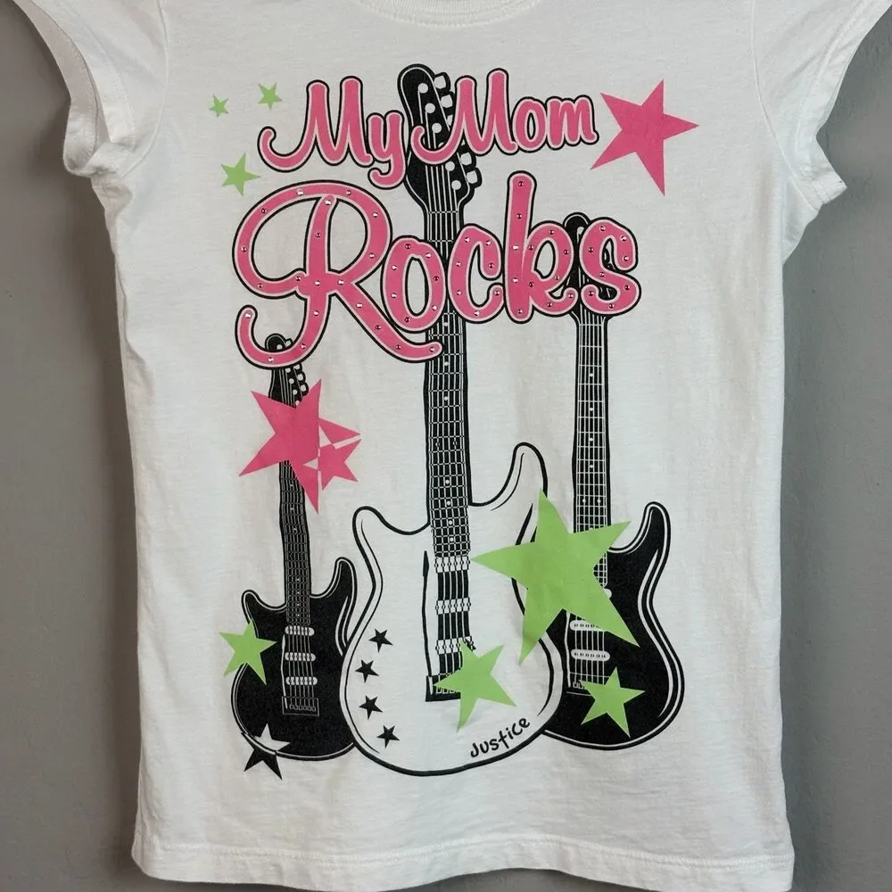 Vintage Y2K Justice Top Girls S 12 White My Mom Rocks Graphic Tee Guitar Stars